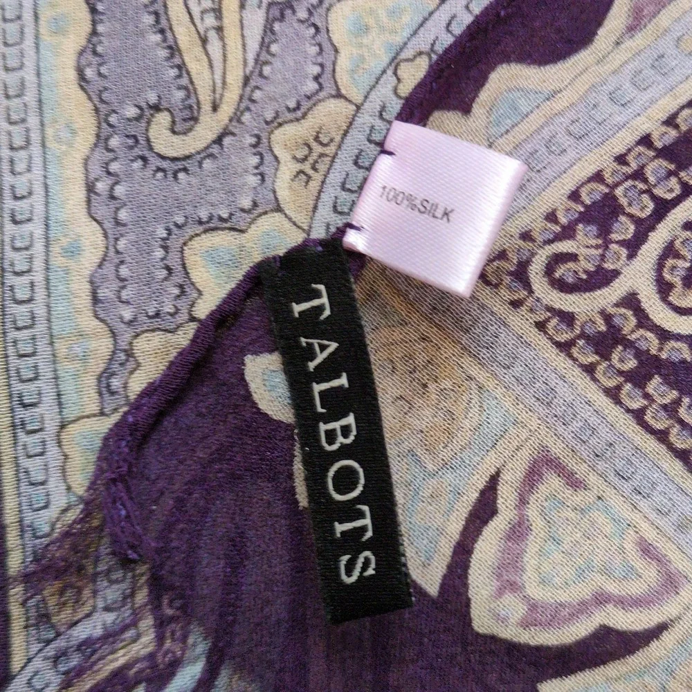 Talbots Paisley Sheer 100% Silk Oblong Scarf - Fringed‎ Edge Purple Blue Long